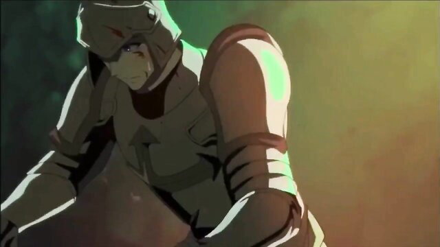 Muscular armored warrior in intense green-lit goblin cave scene