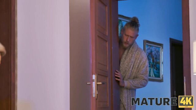 Aubrey Black peeking seductively in robe, hot MILF tease