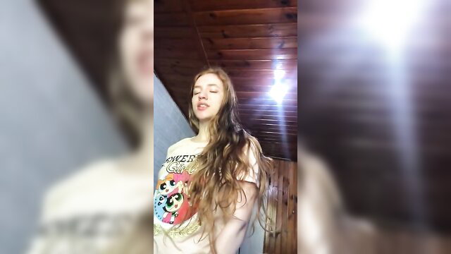 Naughty teen stepsister in tight tee teases with long wavy hair, horny wake-up