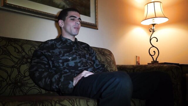 Sexy Latino guy in camo shirt gets deepthroat from straight beefcake