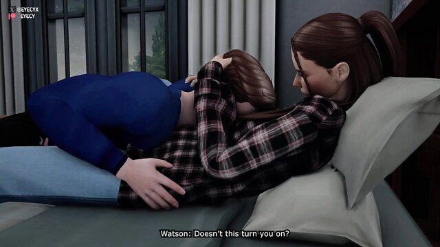 Sims lesbians cuddling intimately on bed, flannel shirt tease