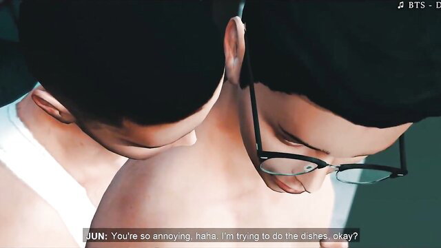 Sims 4 gay couple: guy teases boyfriend's neck while he does dishes
