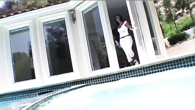 Sandra Romain in tight white shorts running by pool in Real Workout