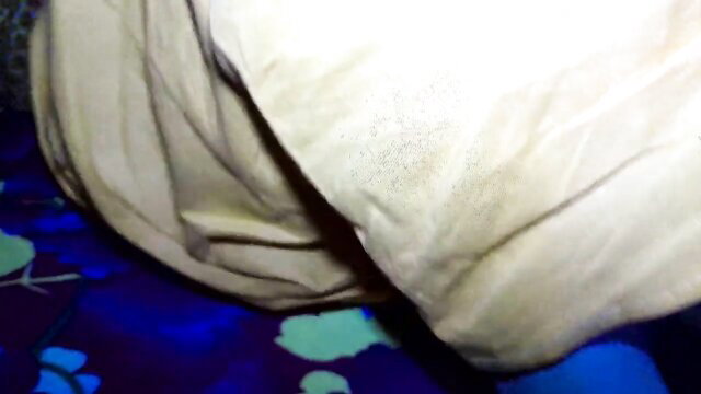 Closeup of fat aunt's beige panties pulled aside on bed, teasing ass hole