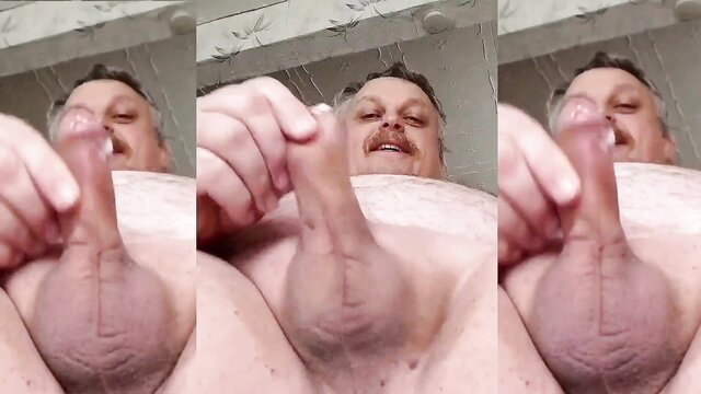 Mature man POV closeup fingering thick uncut cock in shower