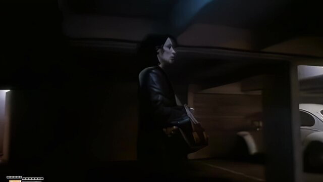 Mysterious goth woman in leather jacket with guitar in dark garage scene