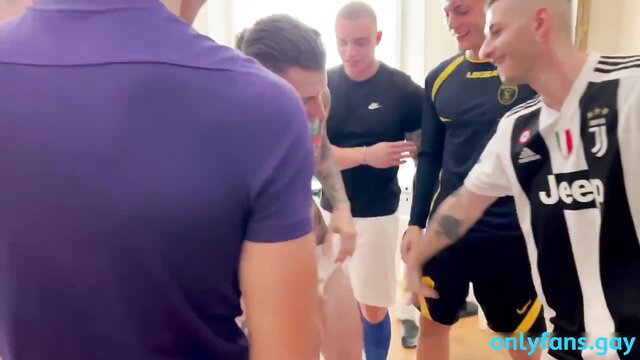 Amateur Italian twinks jerk off together in homemade group session