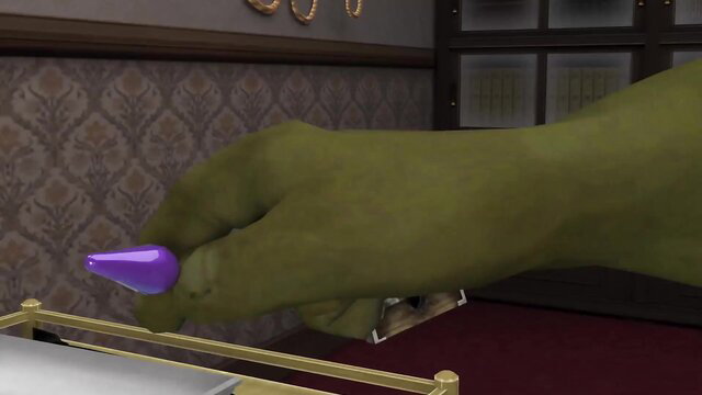 Ganon green hand holds purple toy in Legend of Zelda kink scene