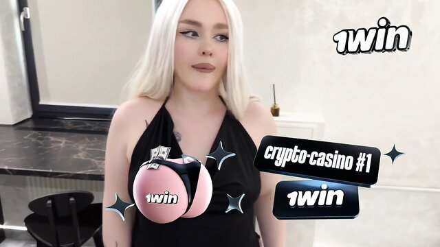 Blonde babe with big tits in black dress teases crypto casino promo