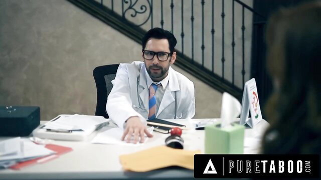 Handsome doctor in white coat at desk in Pure Taboo milf creampie scene
