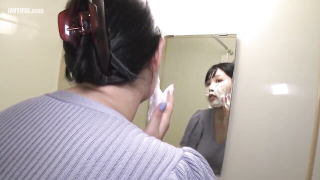 Asian beauty with shaving cream on face in mirror, JAV bathroom tease