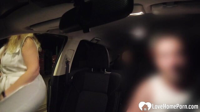 Blonde teacher in white dress sucks cock in car POV