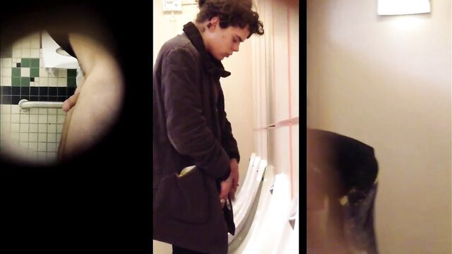 Glory hole spy cam: Latino guy peeing at urinal, cock visible