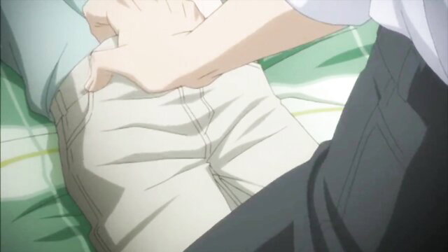 Anime yaoi boys in passionate bed embrace, hand on crotch