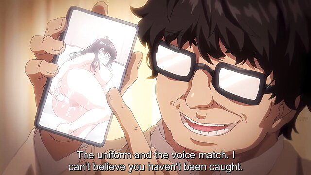 Anime guy shows phone pic of busty hentai teen masturbating in uniform