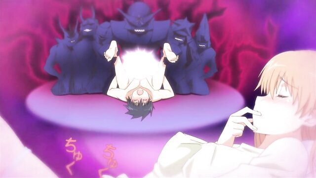 KissXsis Ep.8 anime hentai scene: girl watches suspended nude boys in demonic ritual