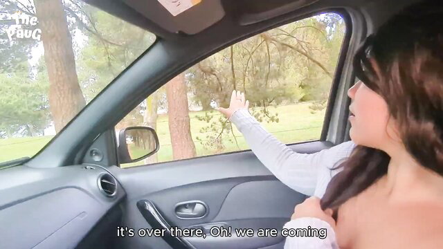 Brunette amateur babe waving from car window in sexy top, POV drive-by tease