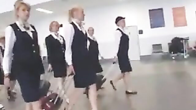 Blonde big boobs stewardesses in sexy uniforms walking at airport