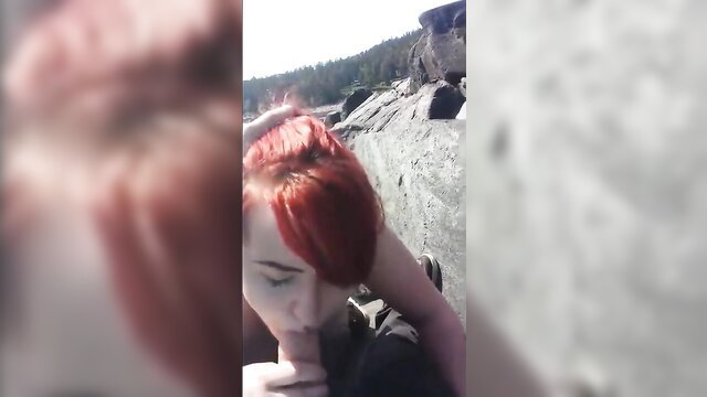 Redhead amateur teen gives outdoor beach blowjob POV