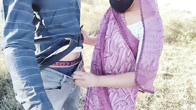 Indian bhabhi in saree pulls down devar's jeans exposing bulge outdoors
