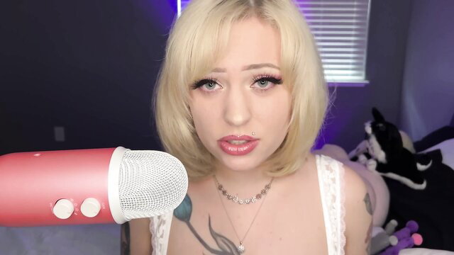 Arilove ASMR blonde girlfriend in lingerie whispers kisses closeup