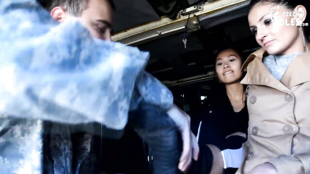 Army commander worships Czech MILF & Asian teen soles in car
