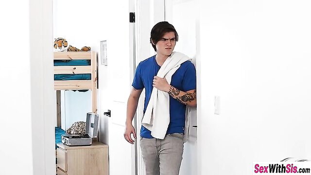 Hot tattooed guy in towel after shower in stepsis graduation gift scene