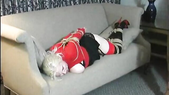 Chubby blonde bound, gagged in lingerie on couch by brunette