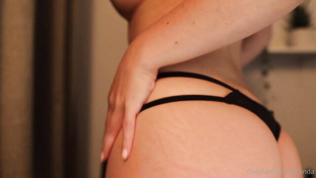 Orenda ASMR in sexy black strappy thong, teasing side booty view