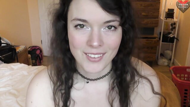 Tigger Rosey topless in choker, smiling closeup POV pity fuck tease