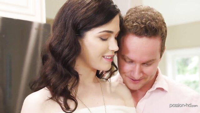 Pale 18yo brunette slut cuddles intimately with man in Passion HD