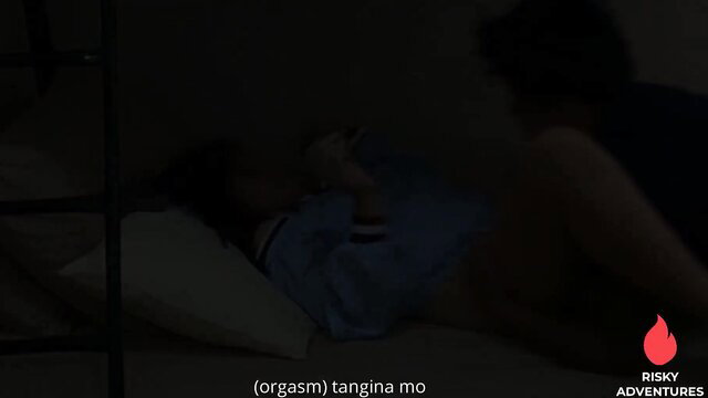 Pinay wife caught solo spreads legs in bed for risky orgasm