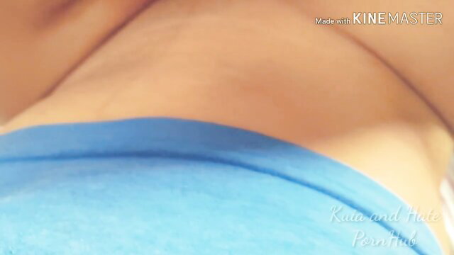 Asian GF cleavage in blue bra, sneaky fuck risk with mom downstairs