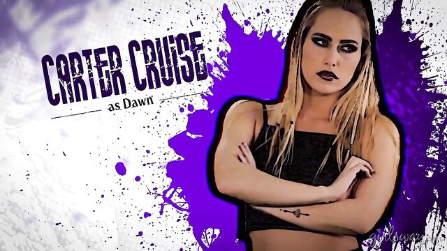 Carter Cruise as Dawn goth blonde in crop top, fierce pose