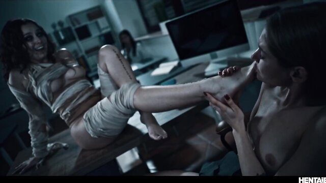 Bound Asian hentai babe foot worshipped by nude woman in horror classroom