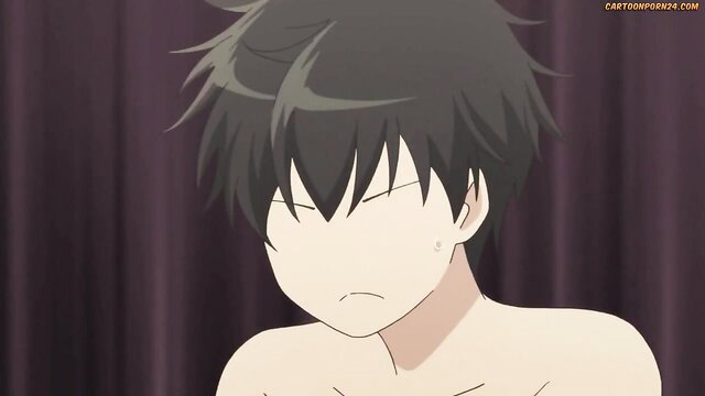 Anime boy with black hair, bare chest, pouty expression in gay hentai