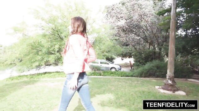 Emma Stoned walks in tight jeans, pink top outdoors, Teenfidelity