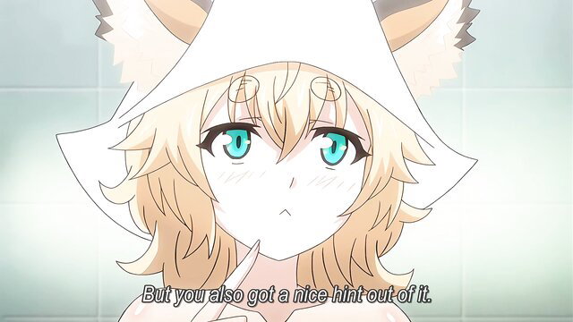 Blushing petite fox girl in white hood, cute hentai furry tease
