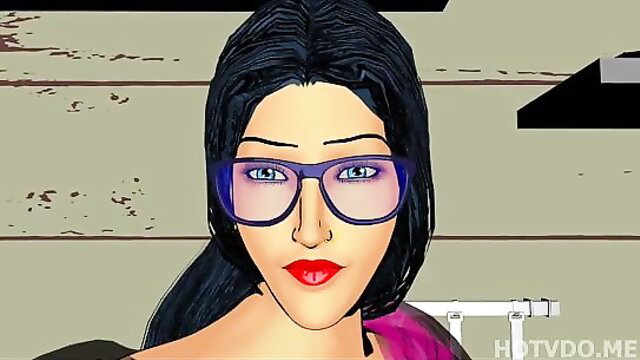 Strict mature Indian cartoon woman with glasses smirks seductively