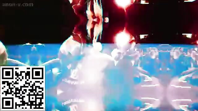 Blurry neon-lit orgy with glowing bodies in blue water, explicit adult scene