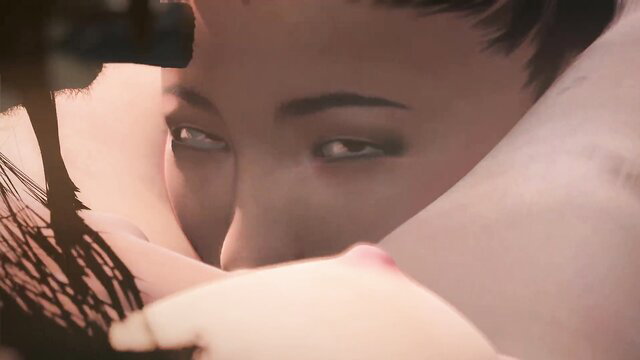 Lara x Chiyo tied femdom closeup with Asian beauty eyes and breast