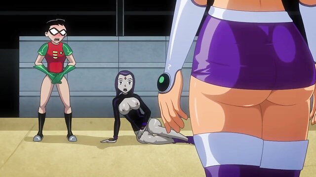 Raven big ass bent over in shiny leotard, Robin watches Teen Titans tribute