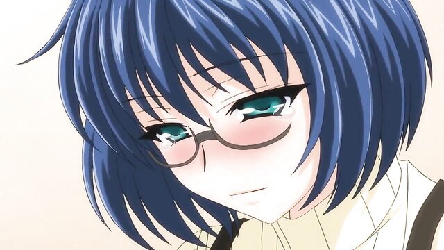 Blue-haired anime glasses girl with flushed cheeks in hentai