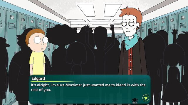 Rick and Morty hentai game screenshot with Morty and Edgar in school hallway