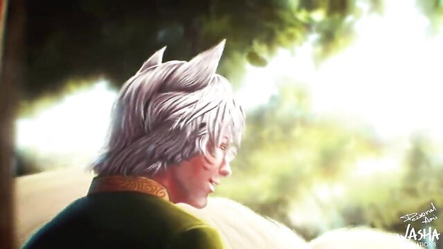 Ahri x Felisyor anime fox boy profile view by Washa, elegant fantasy art