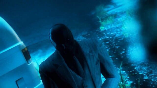 3D hentai Scarlet Nights ep1 Fever pt5 shadowy suited man in neon blue underwater scene