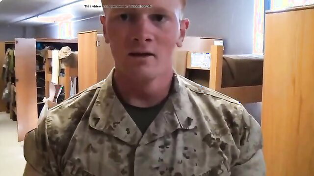 Redhead army marine in barracks, muscular guy in uniform closeup