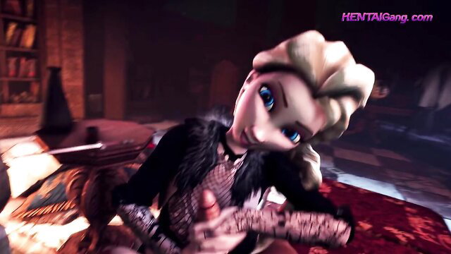 Elsa hentai queen in sexy black lingerie stroking cock closeup