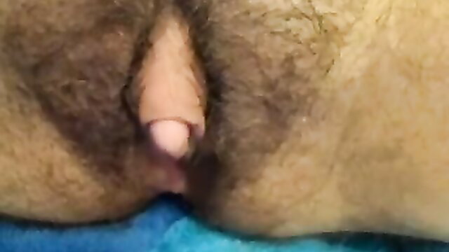 Closeup of wife's hairy pussy with huge erect clit teased by finger