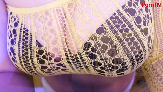 Irma La Dulce in sheer yellow-black lace lingerie, big tits tease